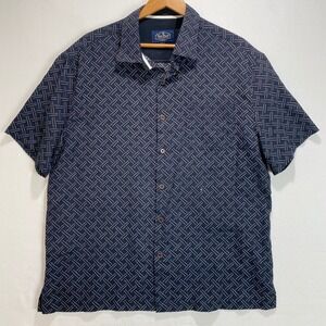 Nat Nast Mens Large Silk‎ Cotton Geometric Print Short Sleeve Button Up Shirt